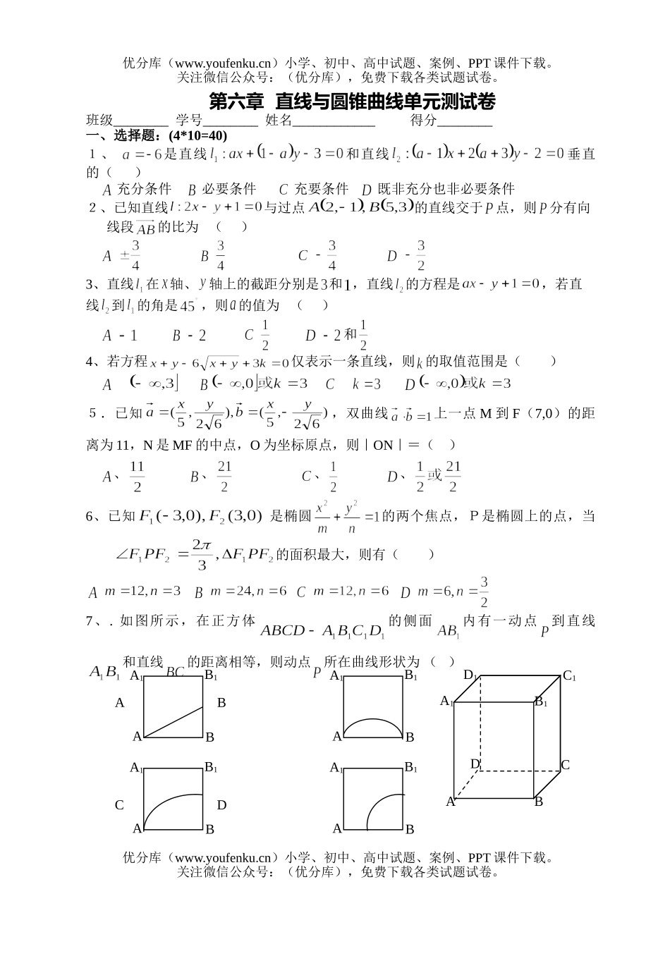 高考数学直线与圆锥曲线单元测试卷_第1页