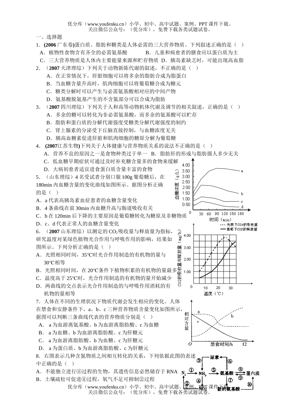 高中三年级生物新陈代谢专项练习试卷_第1页