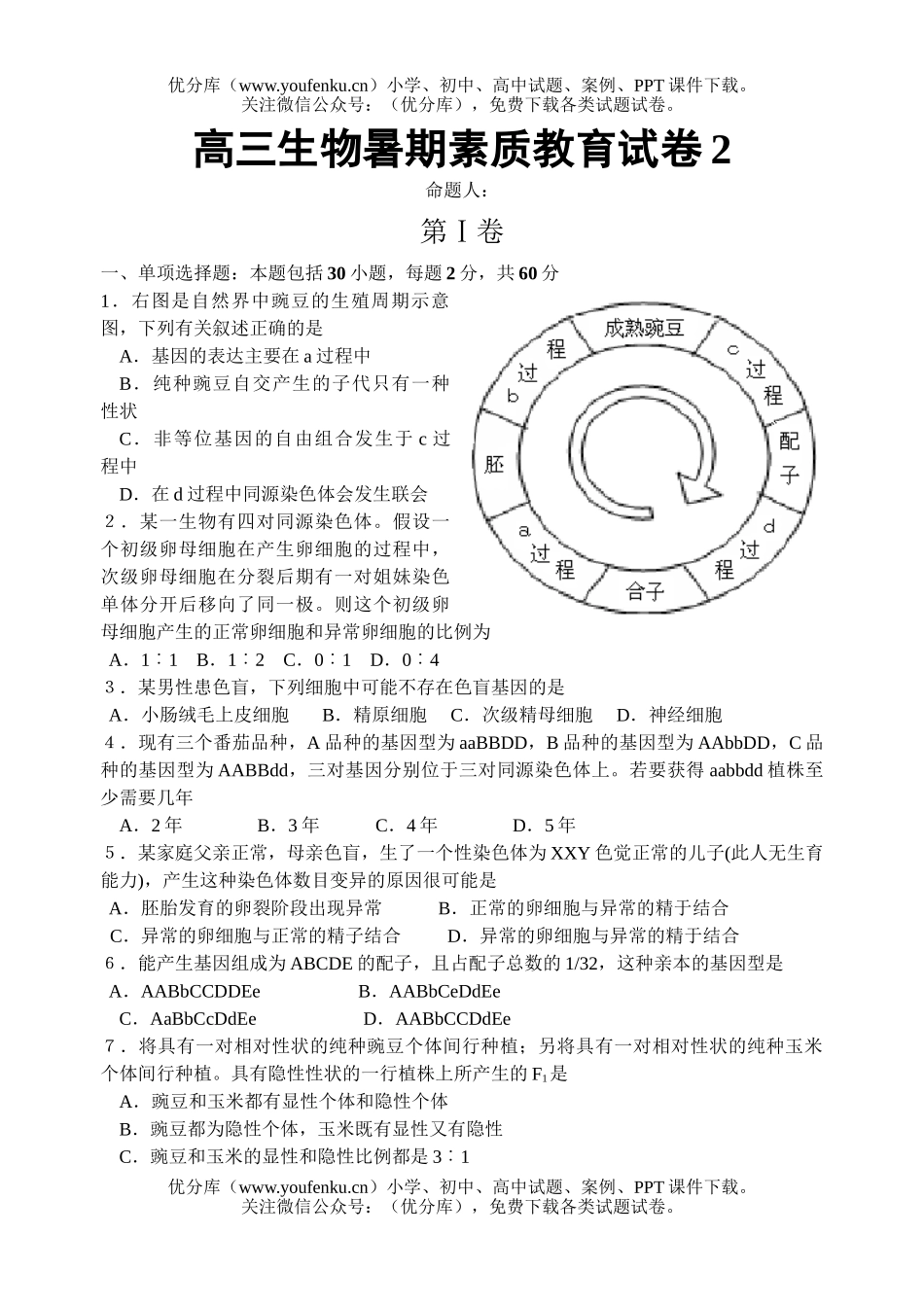 高中三年级生物暑期素质教育2试卷_第1页