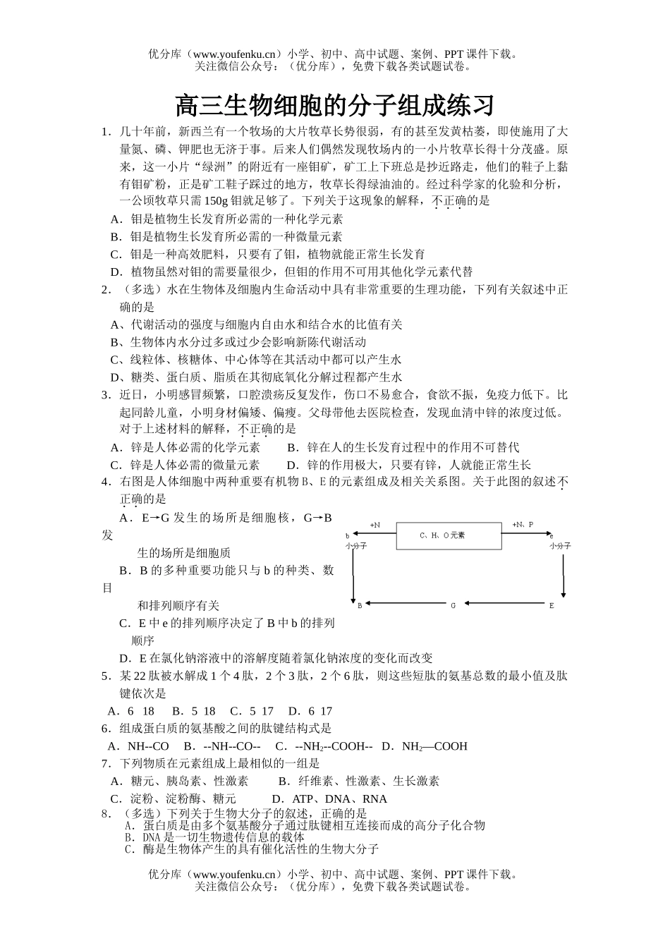 高中三年级生物细胞的分子组成练习试卷_第1页
