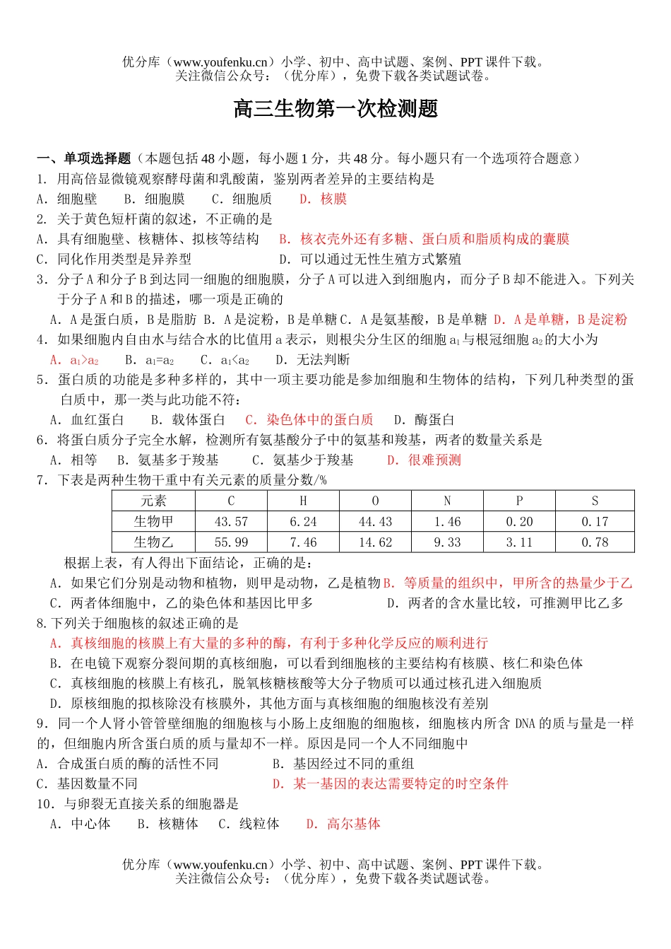 高中三年级生物第一次检测题试卷_第1页