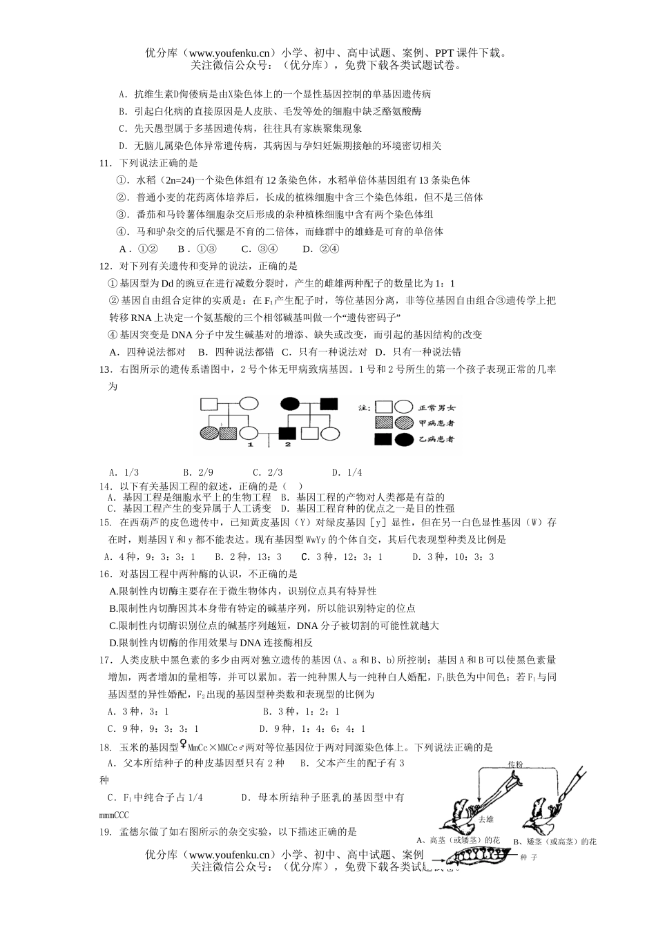 高中三年级生物遗传变异基因工程综合测试卷_第2页