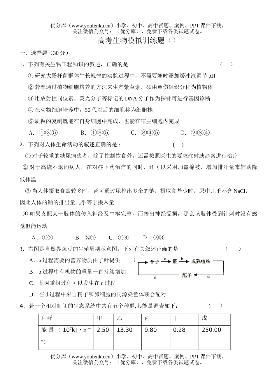 高中三年级生物高考模拟训练题试卷_第1页