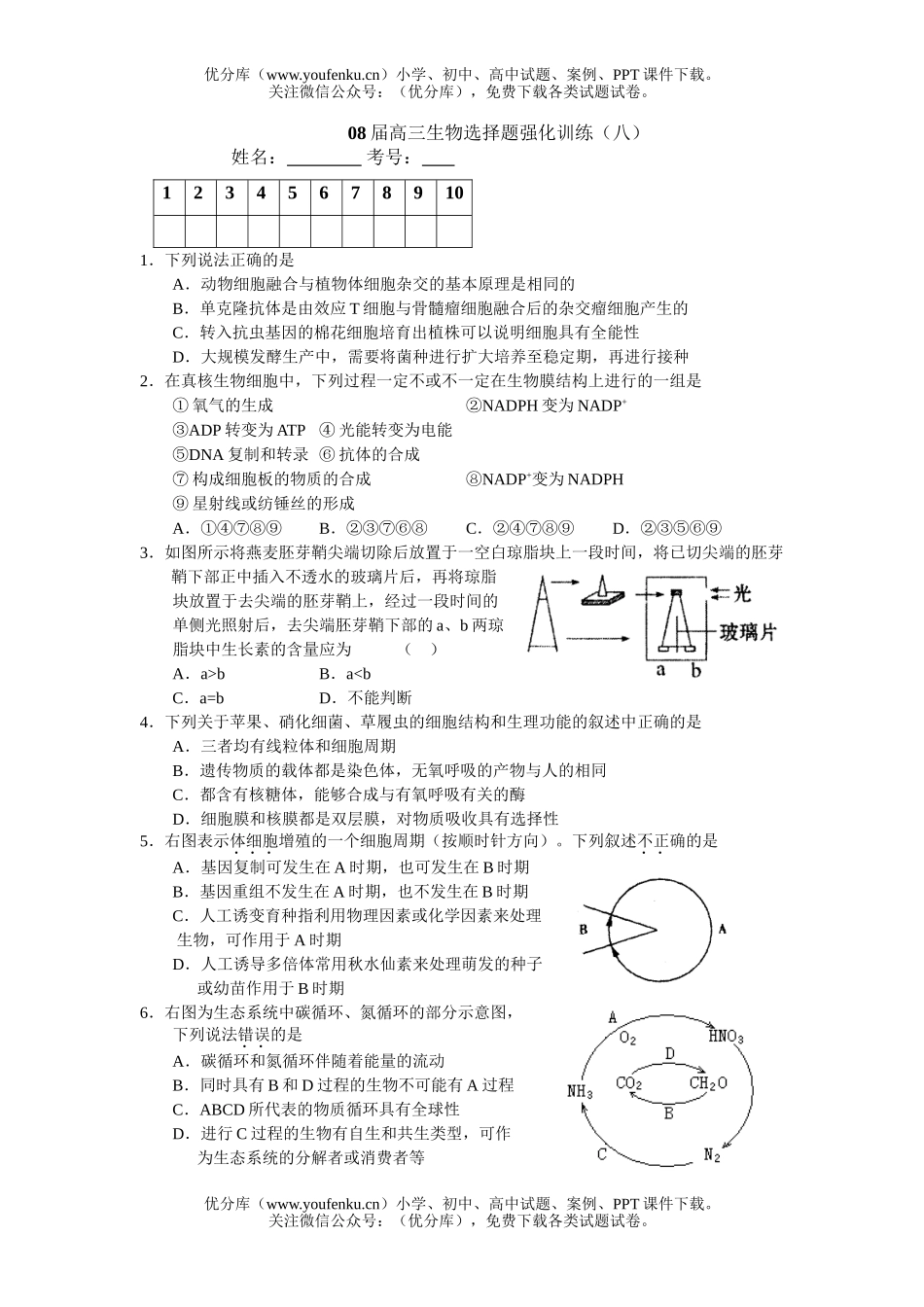 高中三年级生物08届选择题强化训练8试卷_第1页