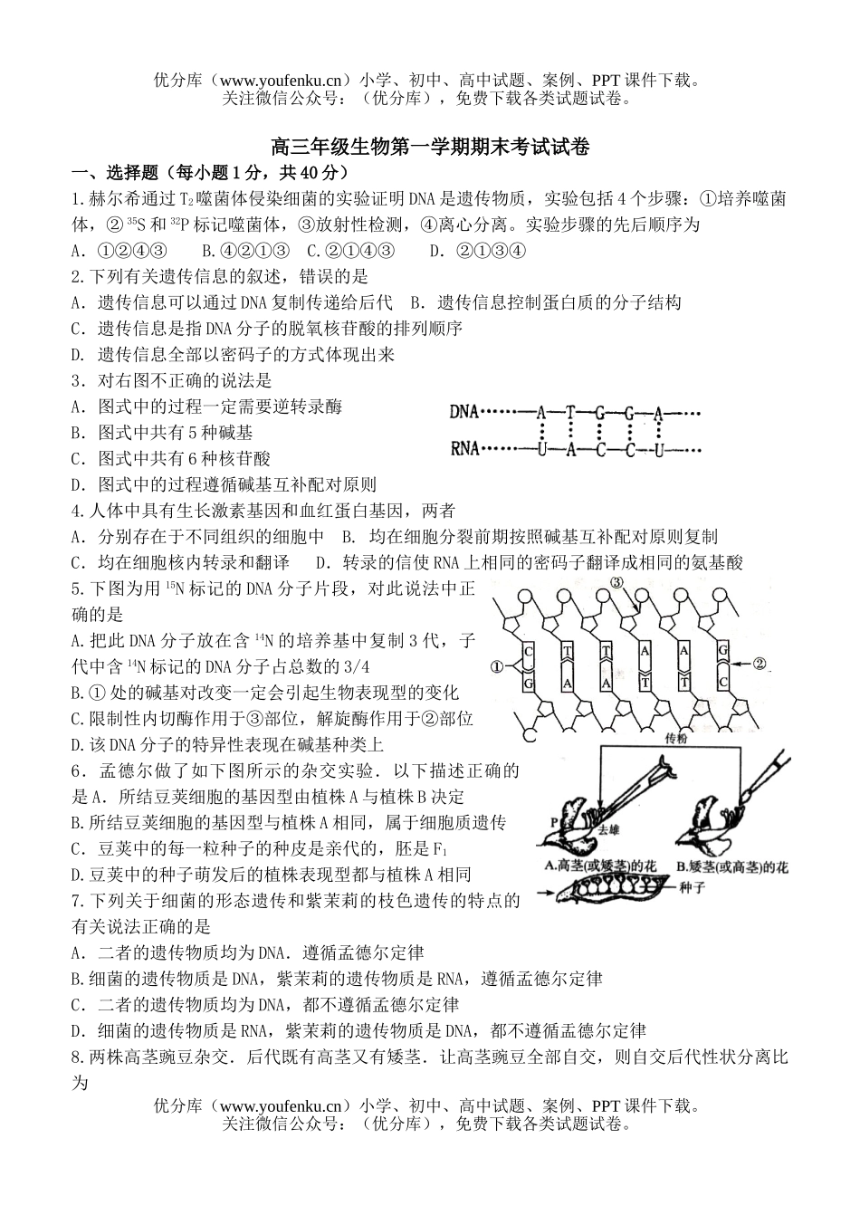 高中三年级生物高第一学期期末考试卷_第1页