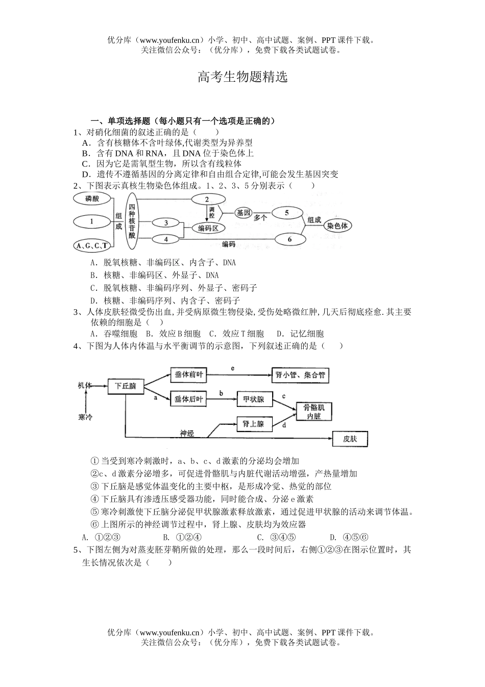 高中三年级生物高考题精选试卷_第1页