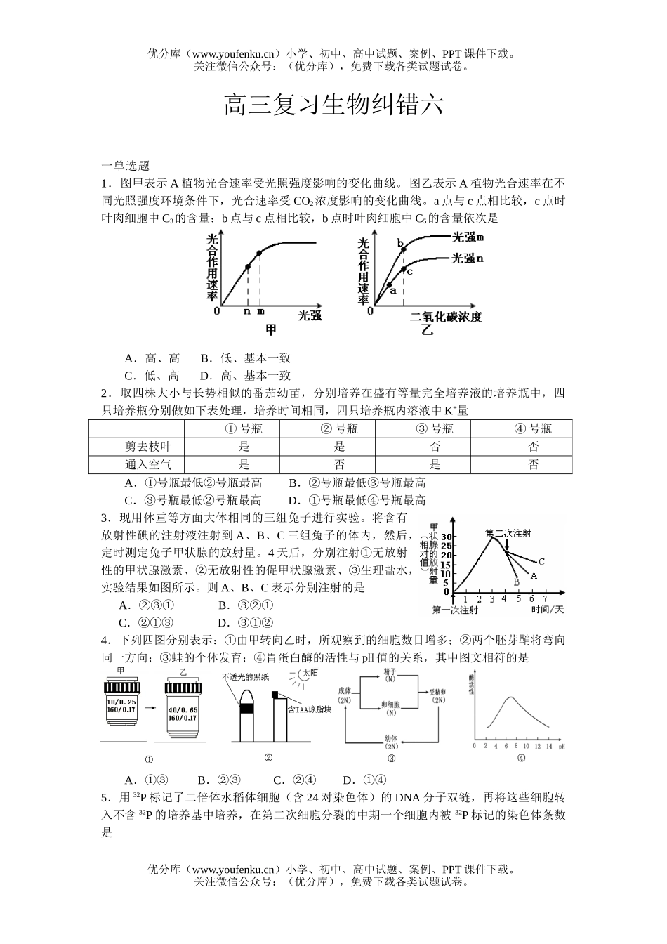 高中三年级生物复习纠错六试卷_第1页