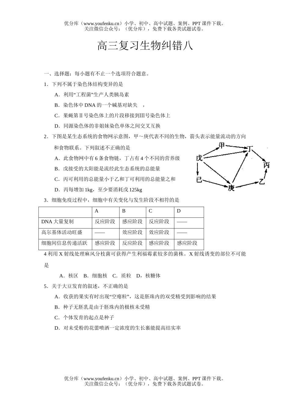 高中三年级生物复习纠错八试卷_第1页