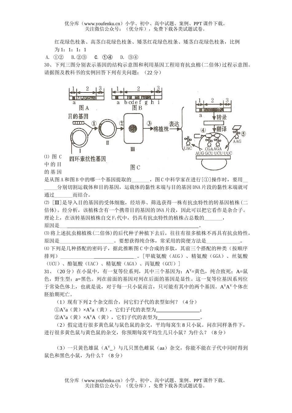 高中三年级生物理科综合部分联考试卷_第2页