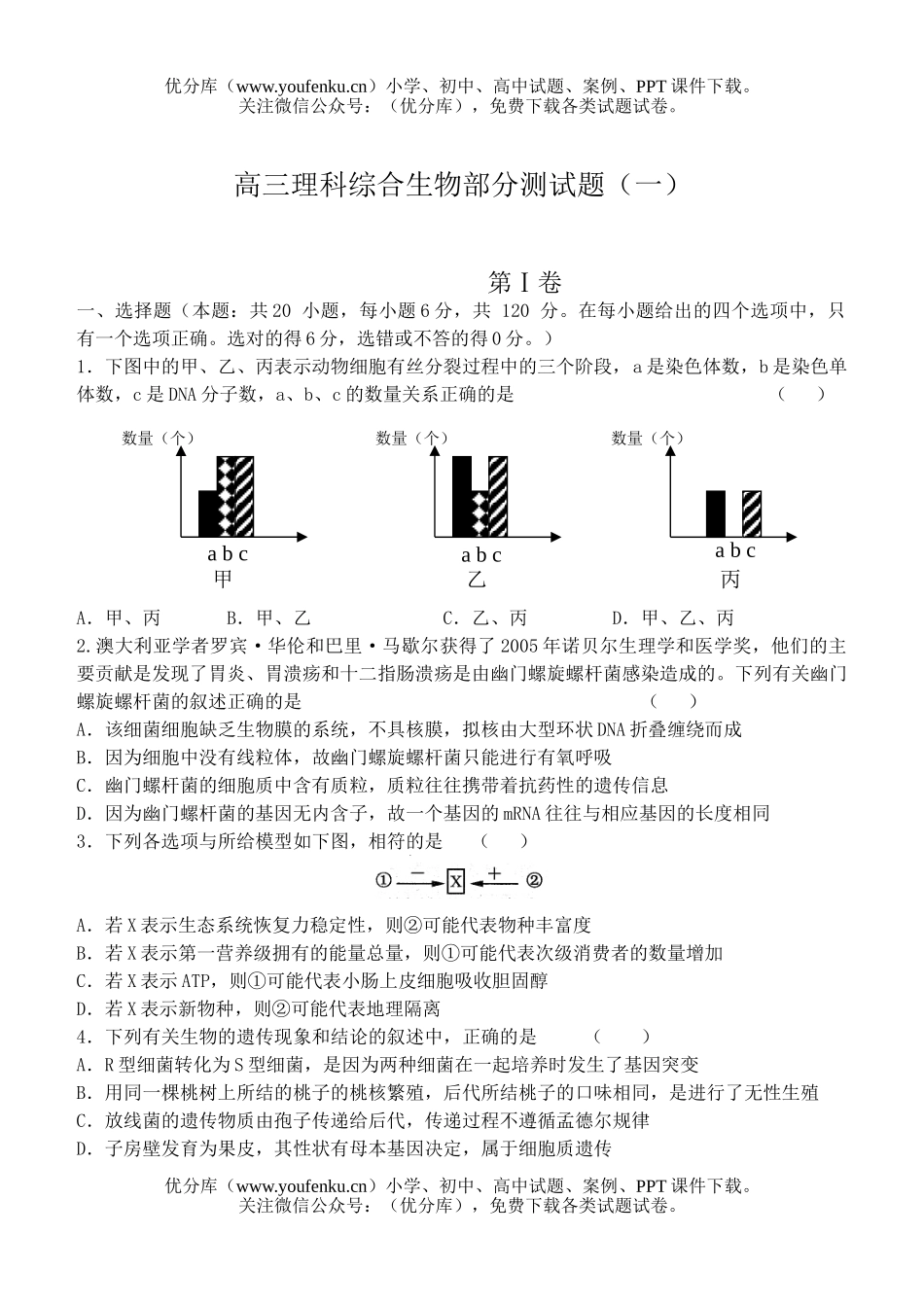 高中三年级生物理科综合部分测试卷_第1页