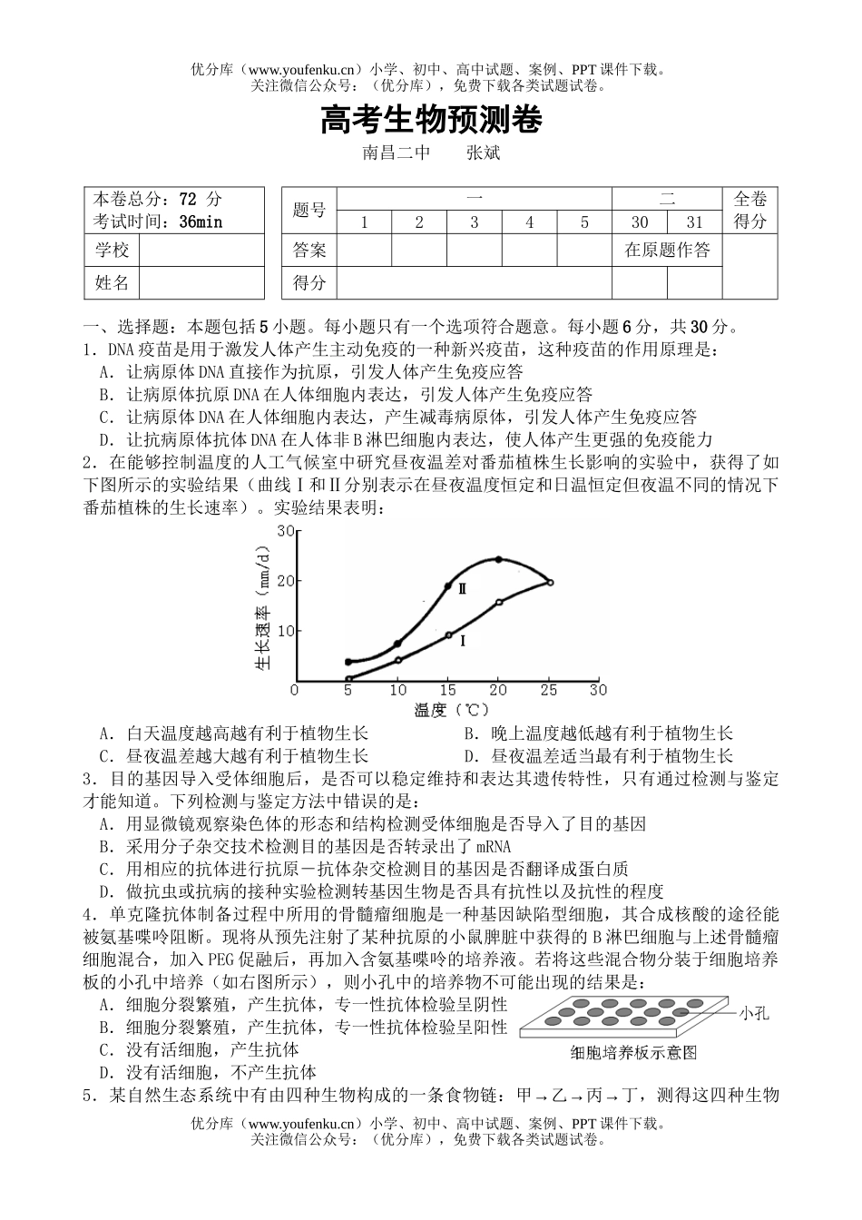 高中三年级生物高考预测试卷_第1页