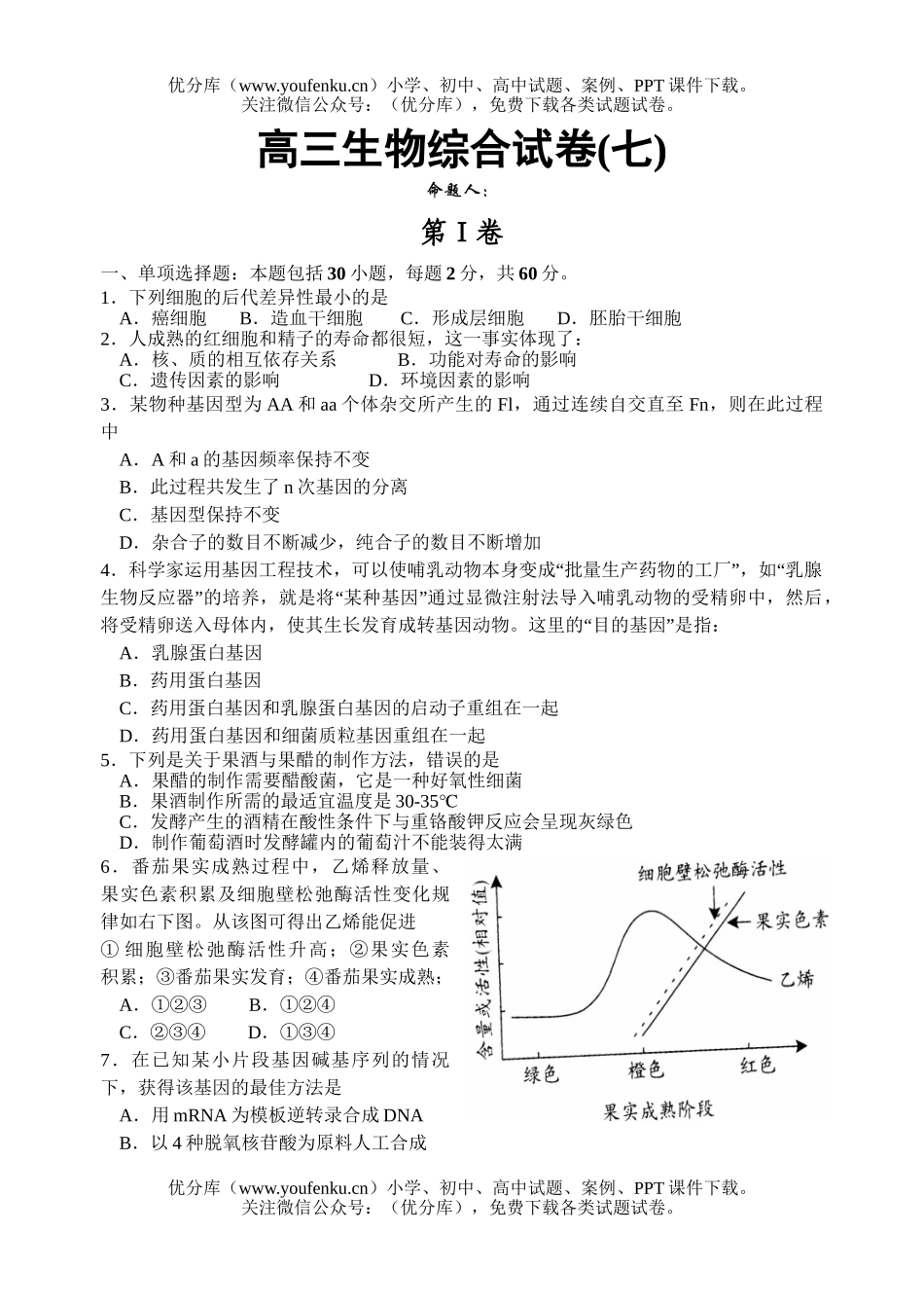 高中三年级生物综合7试卷_第1页
