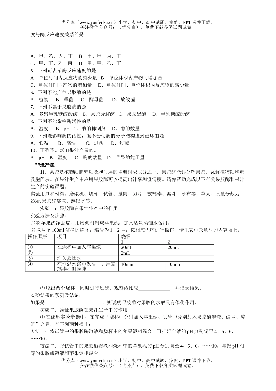 高中三年级生物酶的研究与应用测试卷_第3页