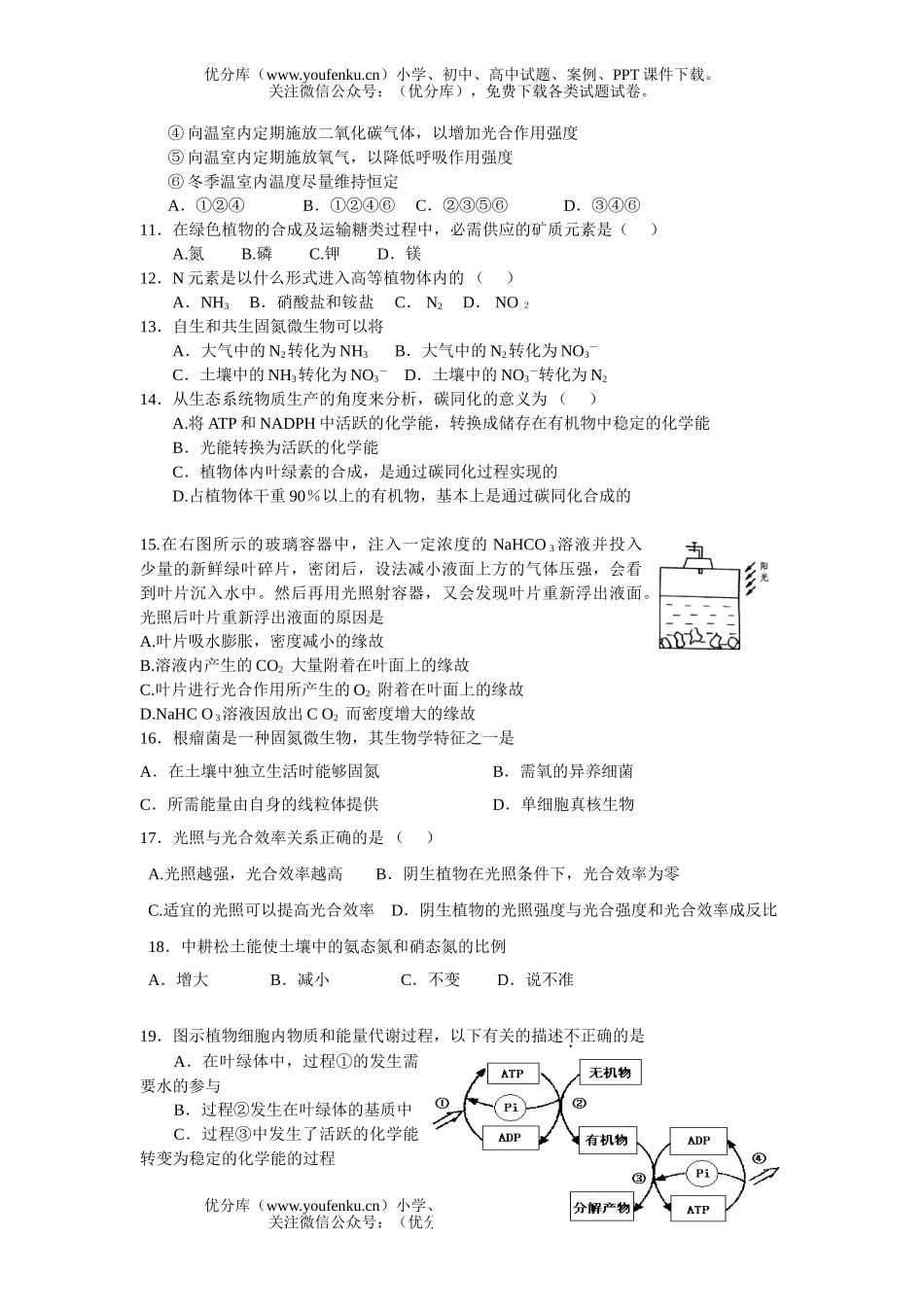 高中三年级生物光合作用与固氮测试卷_第2页