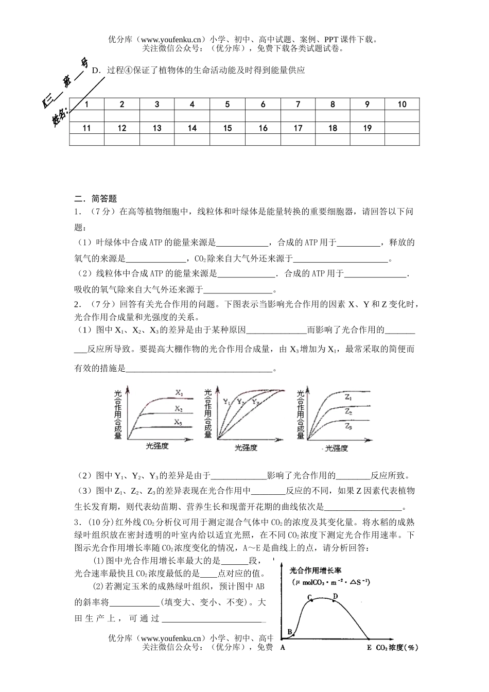 高中三年级生物光合作用与固氮测试卷_第3页