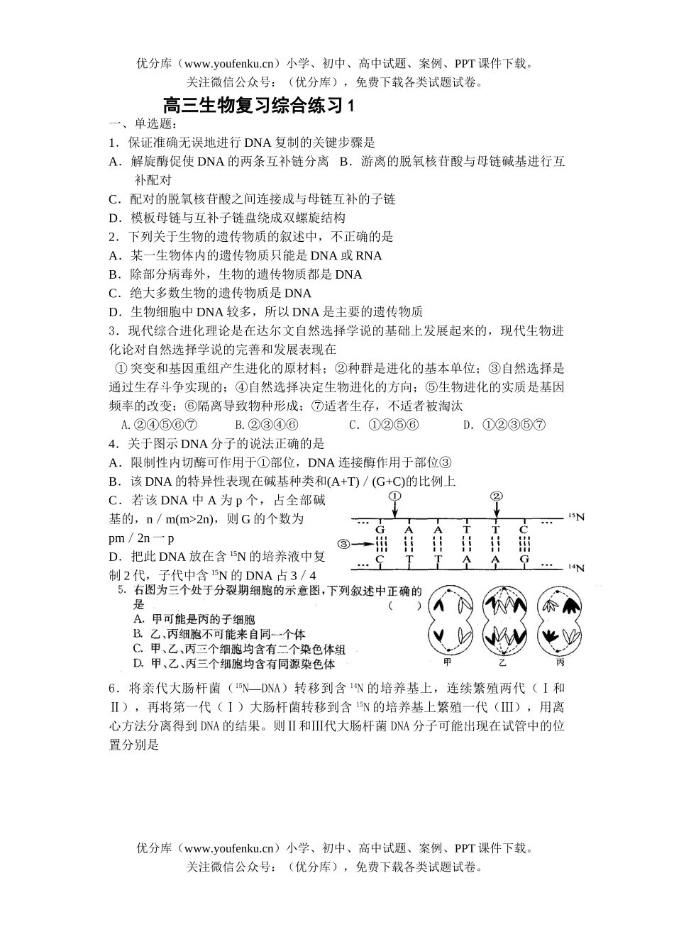 高中三年级生物复习综合练习1试卷_第1页