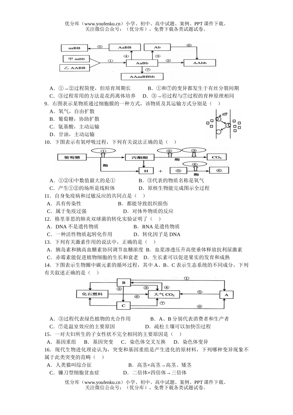 高中三年级生物08届模模拟考试1试卷_第2页