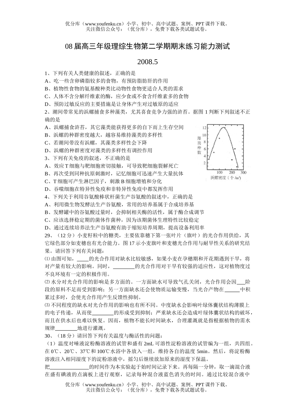 高中三年级生物08届高理综第二学期期末练习试卷_第1页