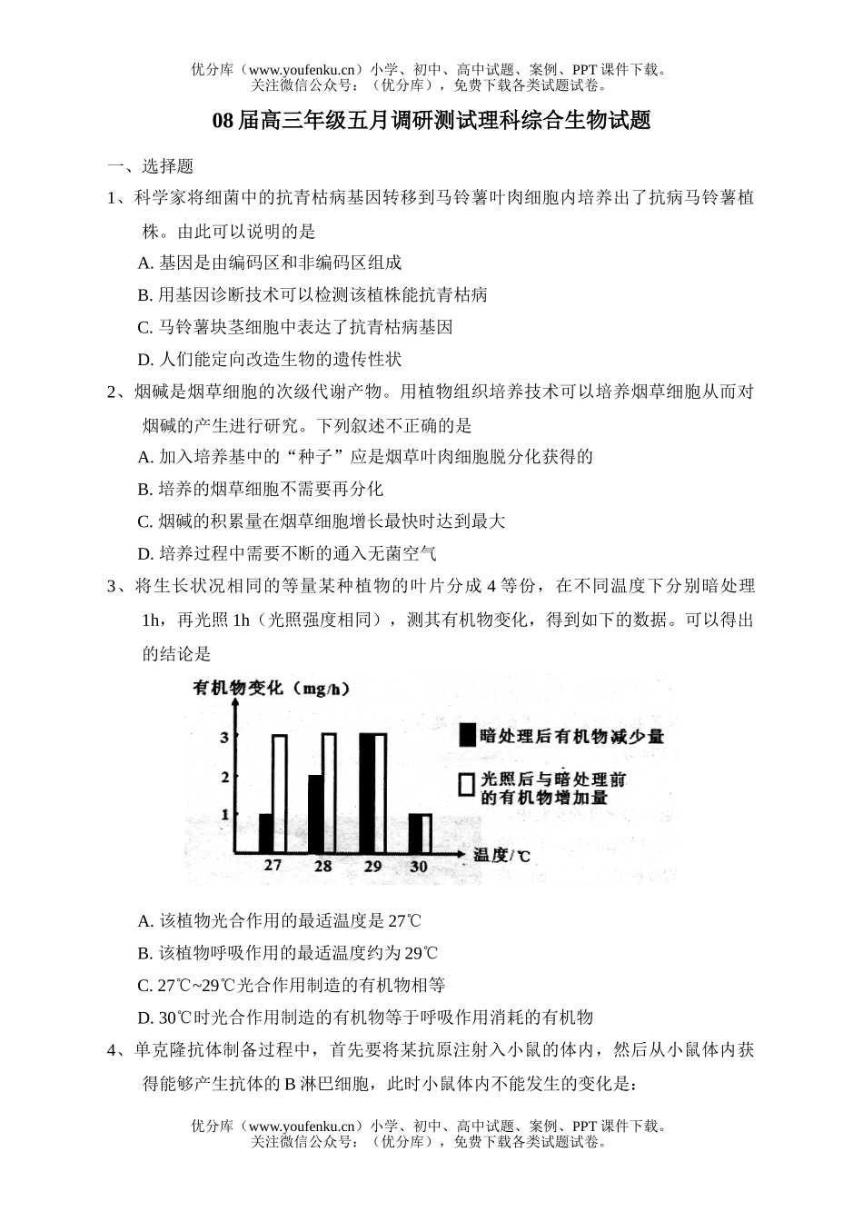 高中三年级生物08届高五月调研测试理综试卷_第1页