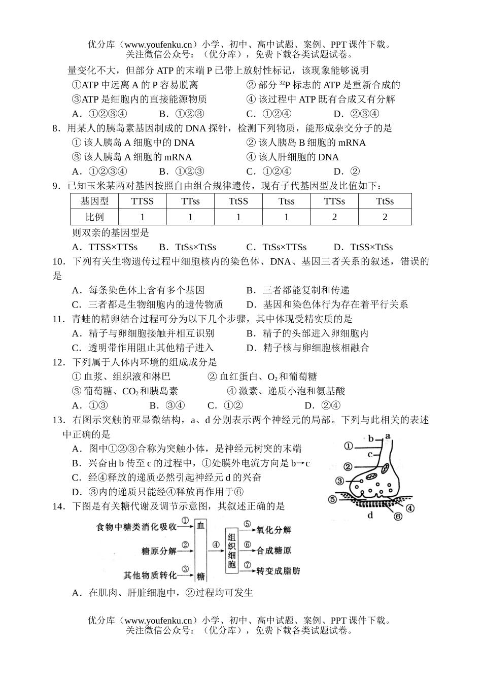 高中三年级生物08届上学期期末考试卷_第2页