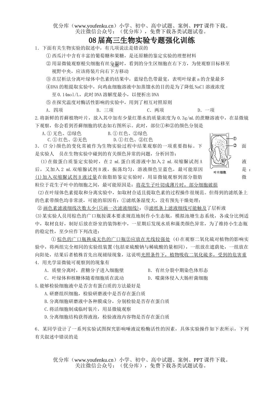 高中三年级生物08届实验专题强化训练试卷_第1页