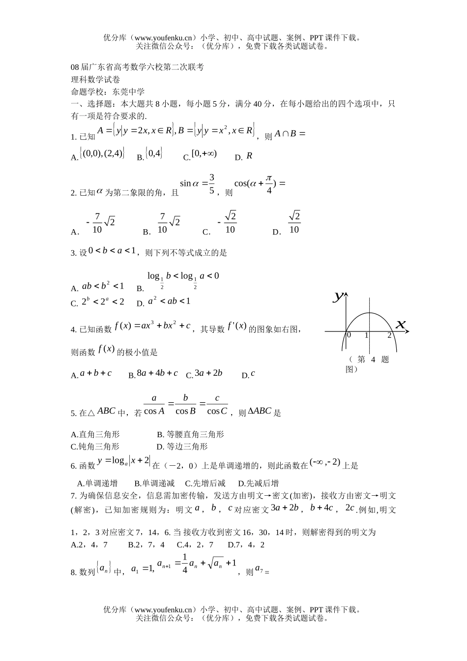 高考数学08届广东省高考六校第二次联考1试卷_第1页