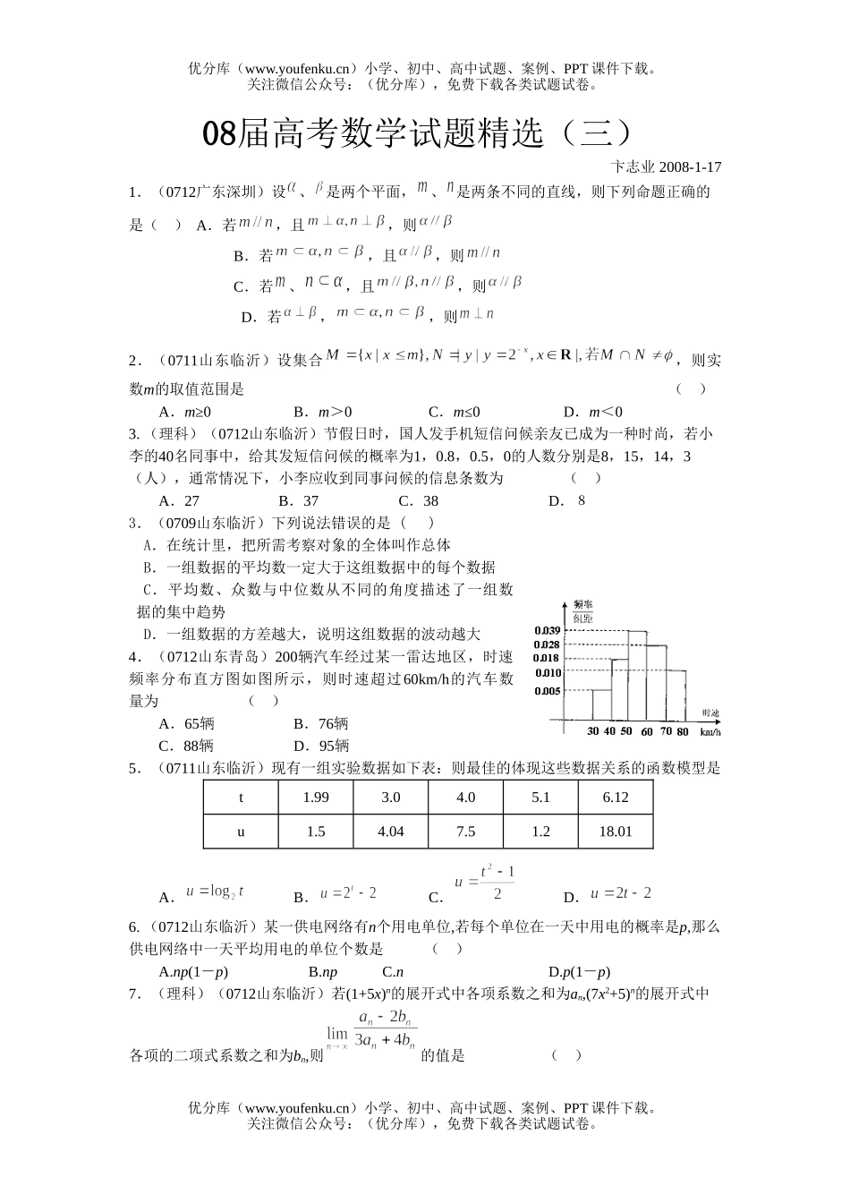 高考数学08届高考复习精选3试卷_第1页