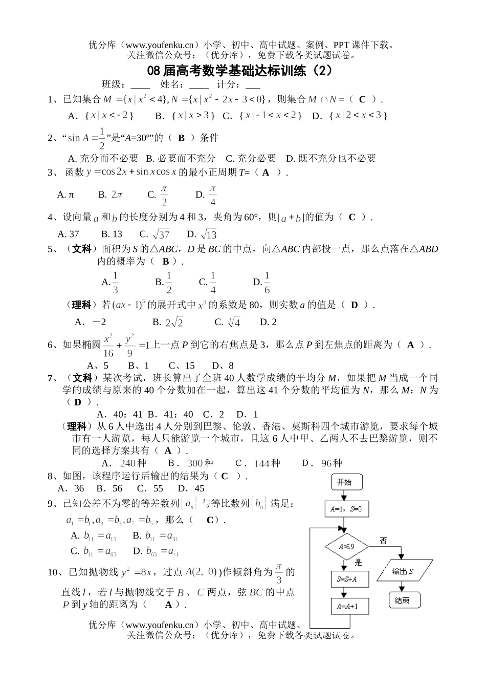 高考数学08届高考基础达标训练2试卷_第1页