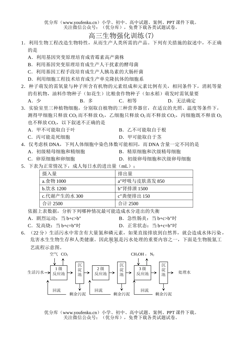 高中三年级生物强化训练7试卷_第1页