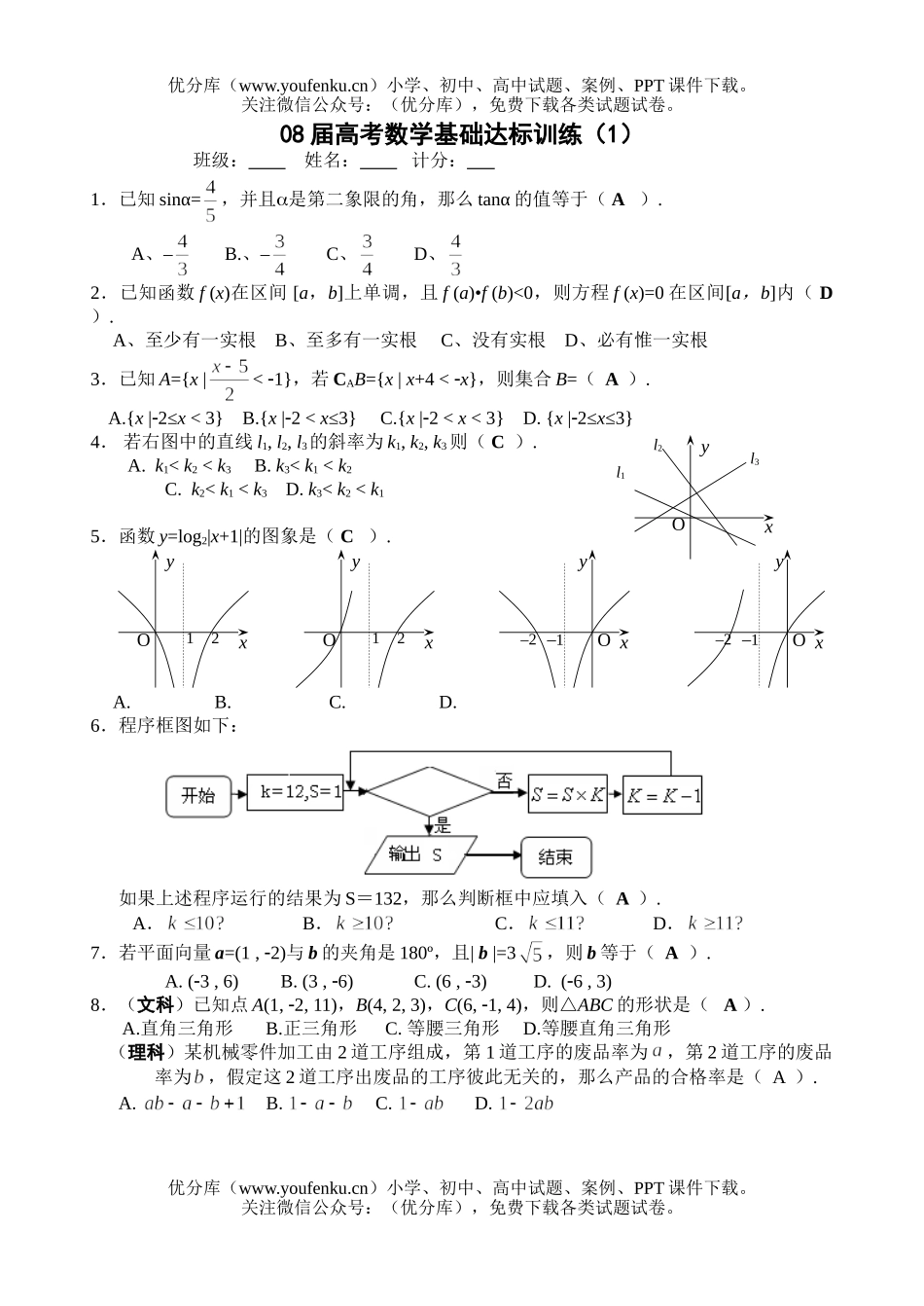 高考数学08届高考基础达标训练1试卷_第1页