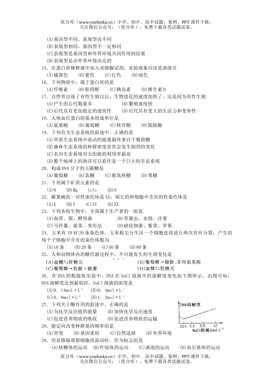 高中三年级生物会考模拟练习3试卷_第2页