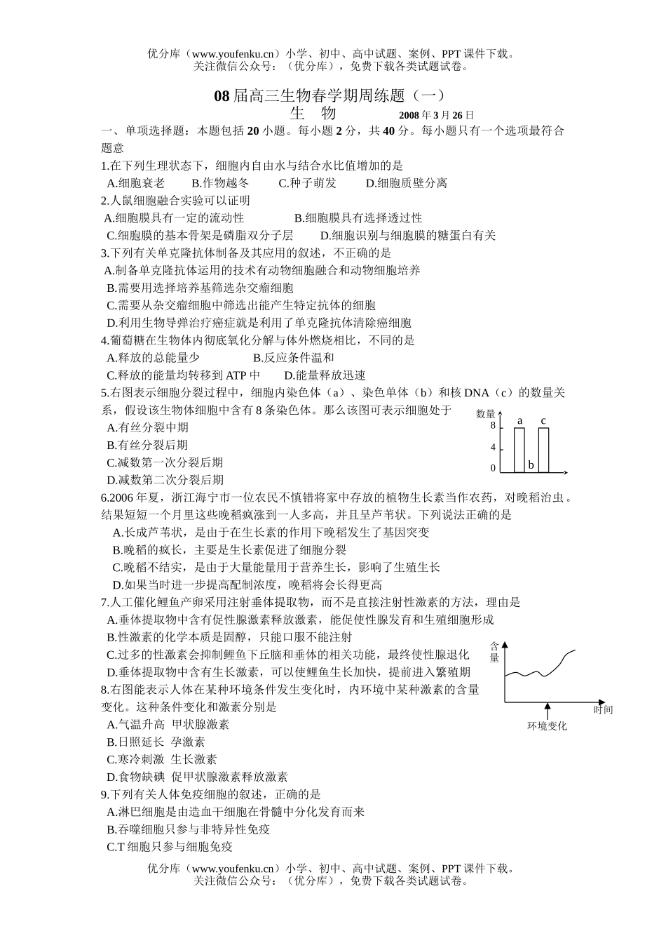 高中三年级生物08届春学期周练题试卷_第1页