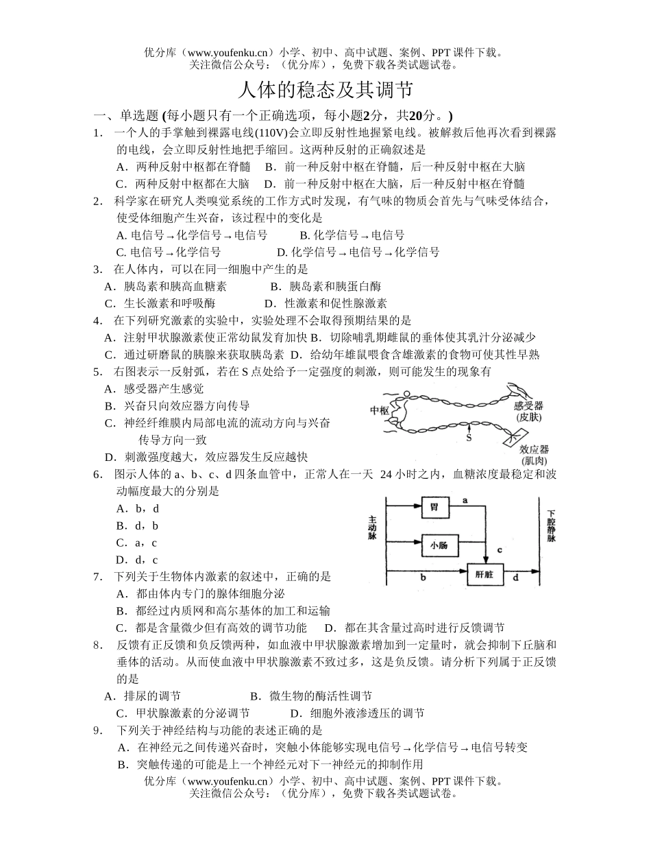 高中三年级生物人体的稳态及其调节训练试卷_第1页