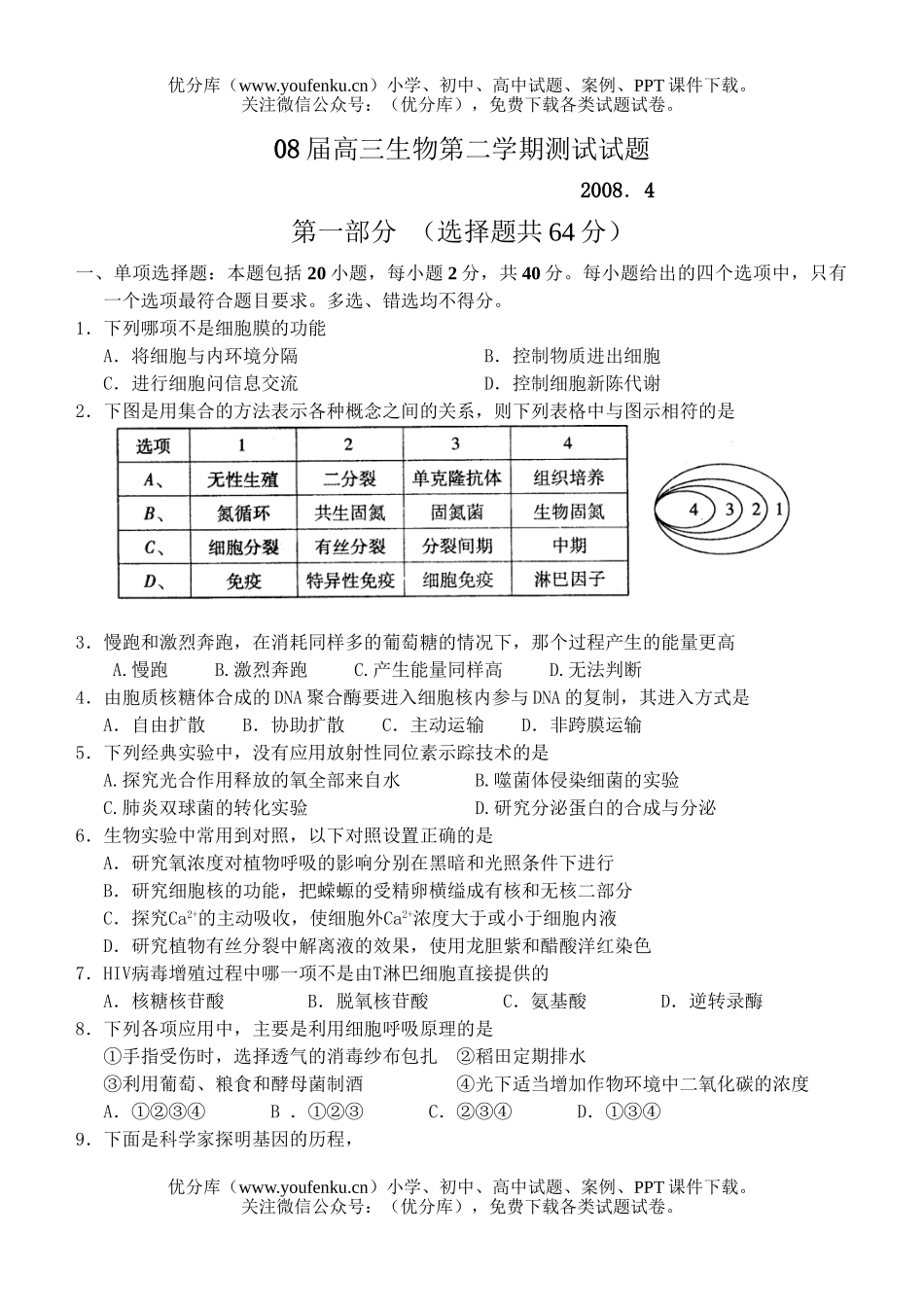 高中三年级生物08届第二学期测试卷_第1页