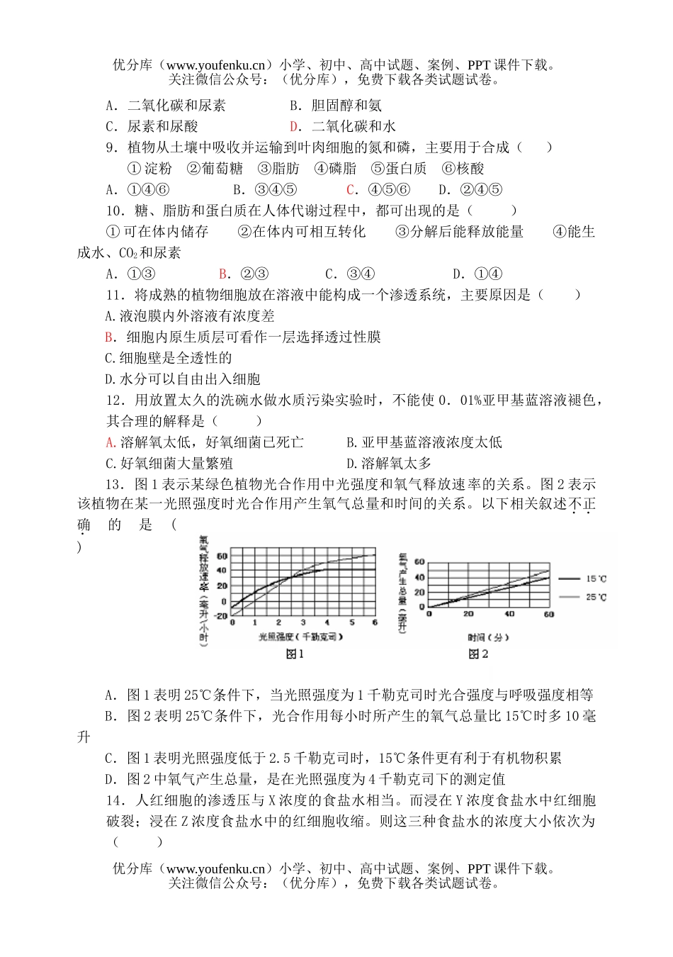 高中三年级生物新陈代谢提高班习题试卷_第2页