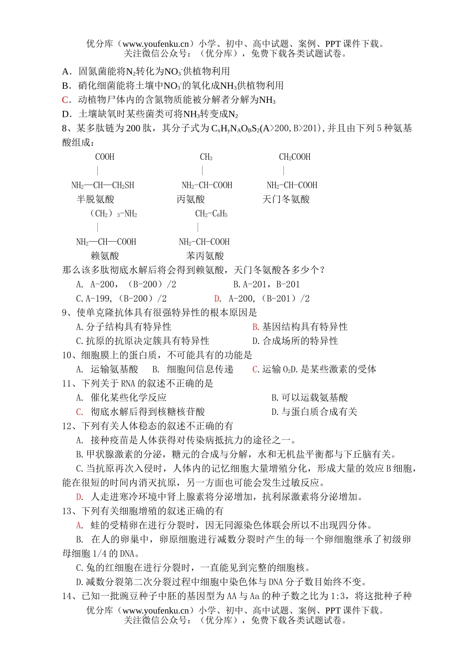 高中三年级生物08届错题训练6试卷_第2页