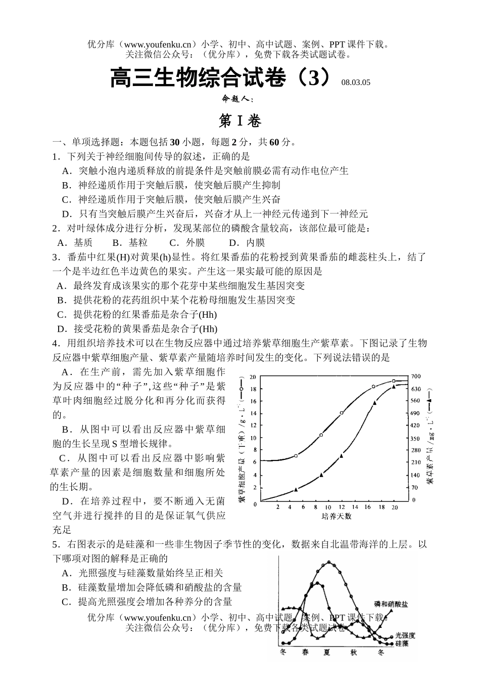 高中三年级生物下册综合3试卷_第1页