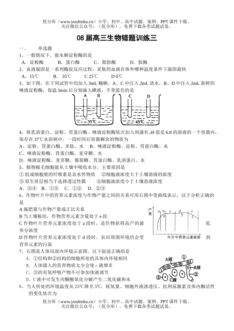 高中三年级生物08届错题训练3试卷_第1页