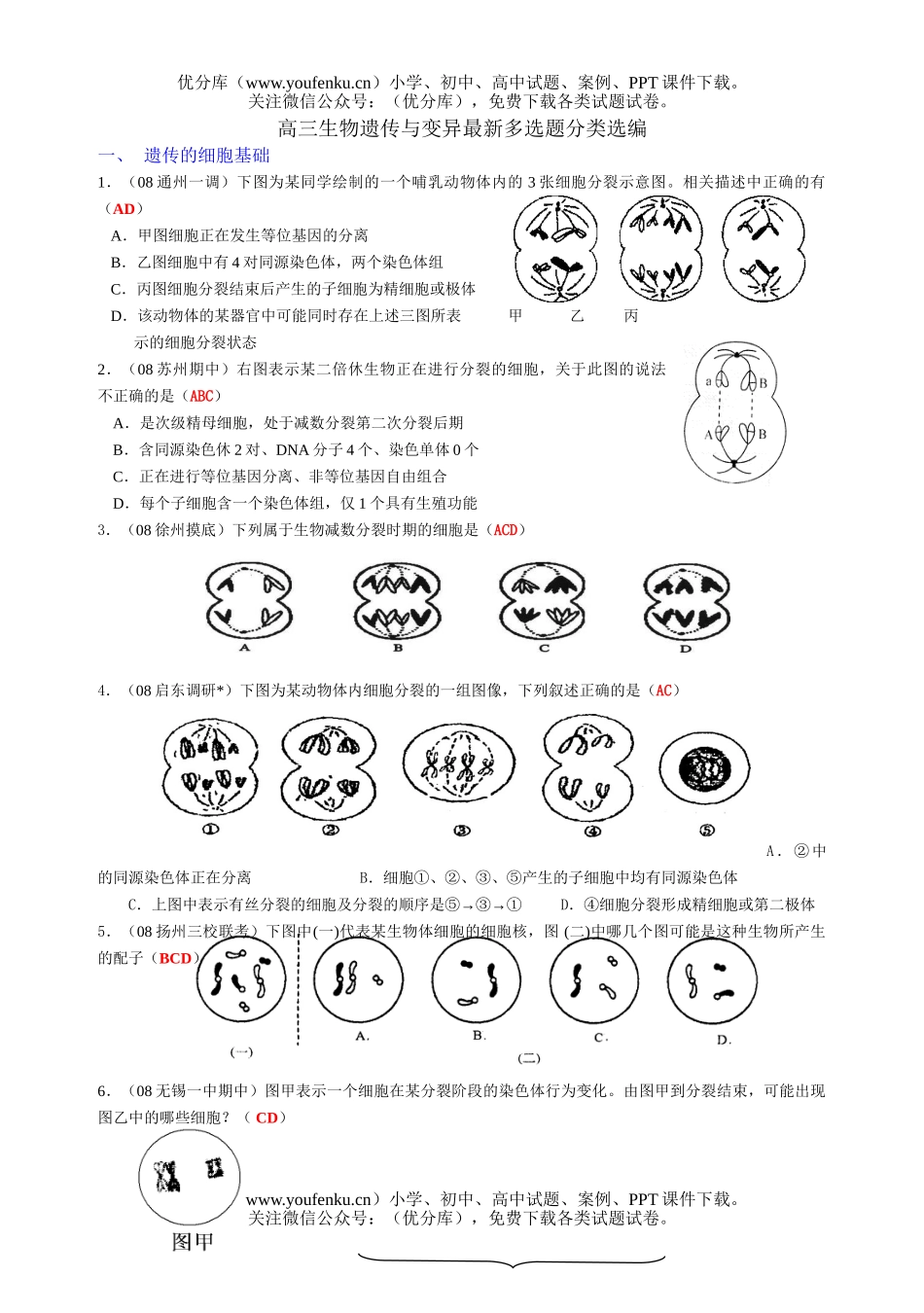 高中三年级生物08届遗传与变异最新多选题选编试卷_第1页