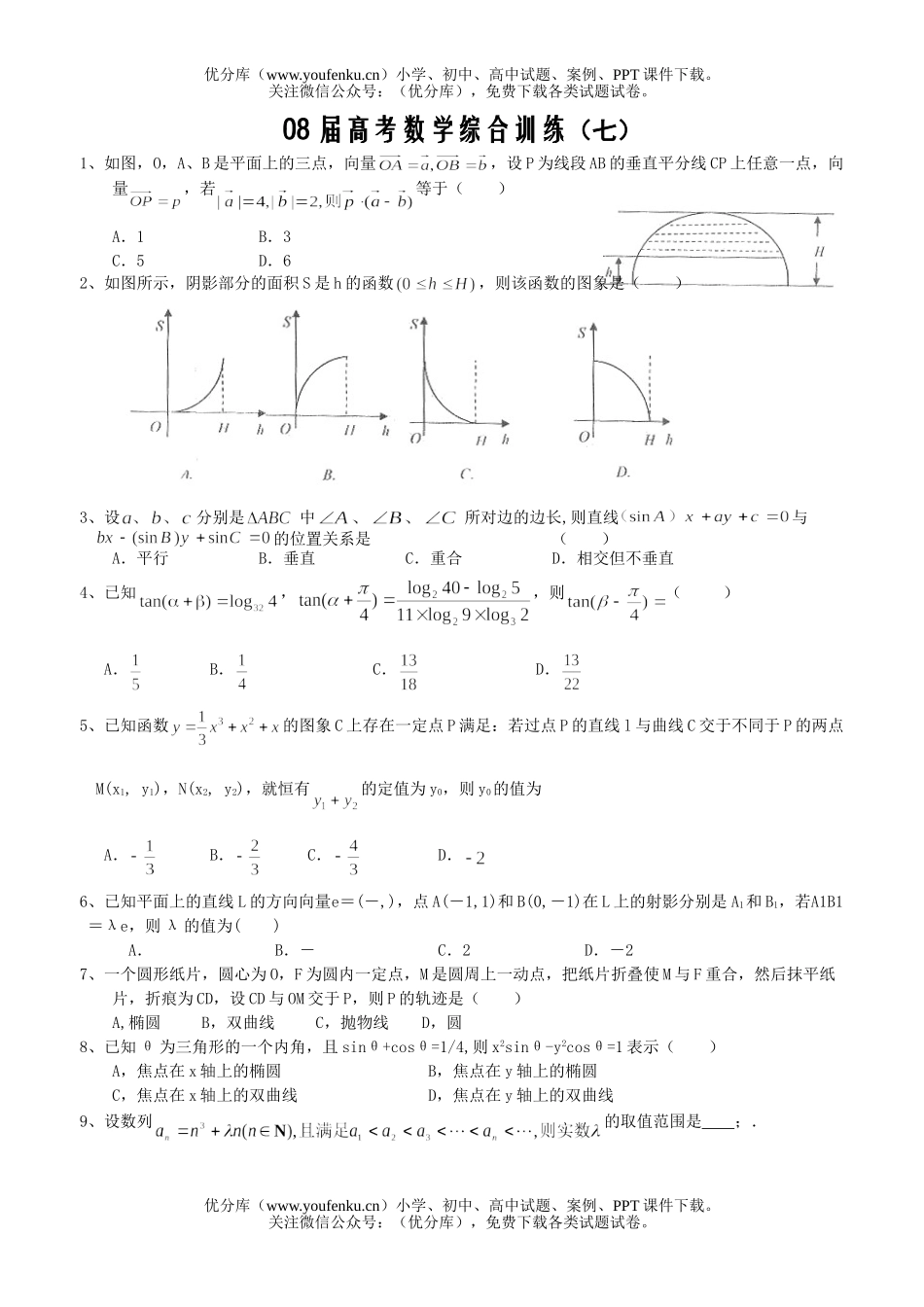 高考数学08届高考综合训练7试卷_第1页