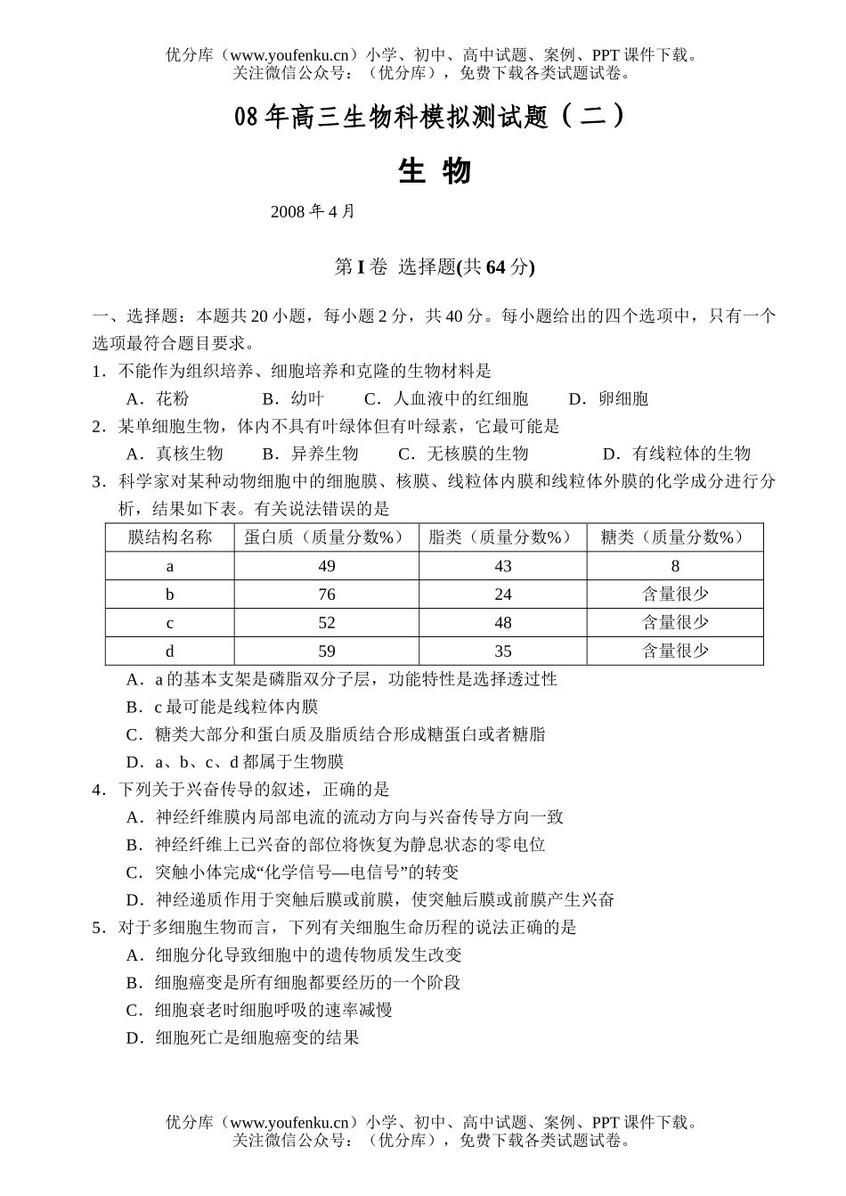 高中三年级生物08年科模拟测试卷_第1页
