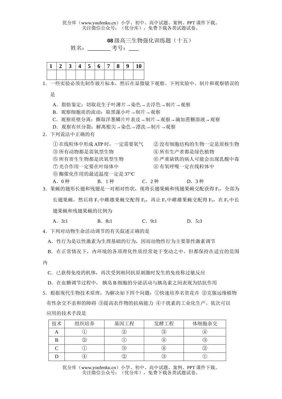 高中三年级生物08级强化训练题15试卷_第1页