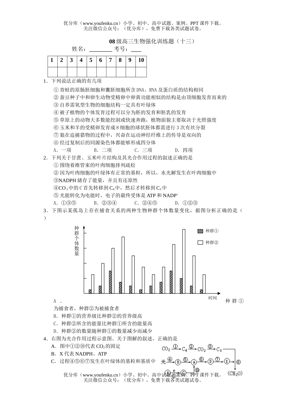 高中三年级生物08级强化训练题13试卷_第1页