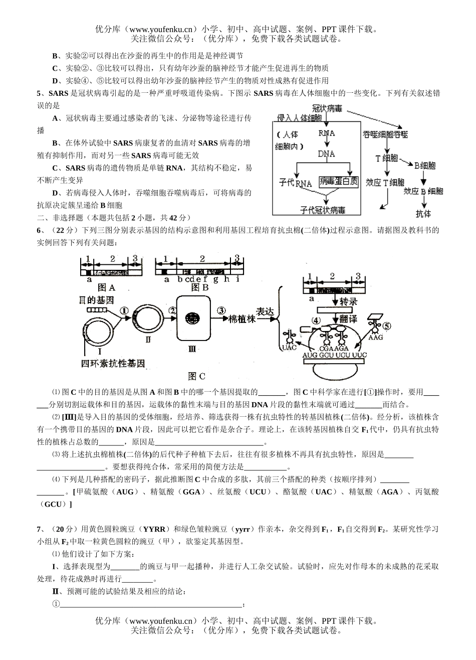 高中三年级生物综合练习15试卷_第2页