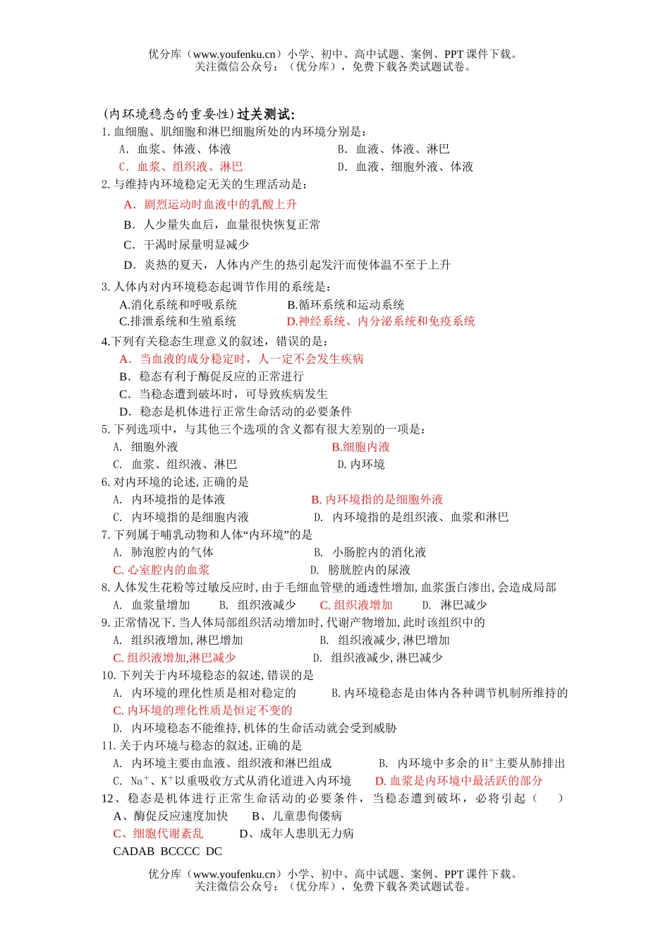 高中三年级生物细胞生活的环境过关测试卷_第2页