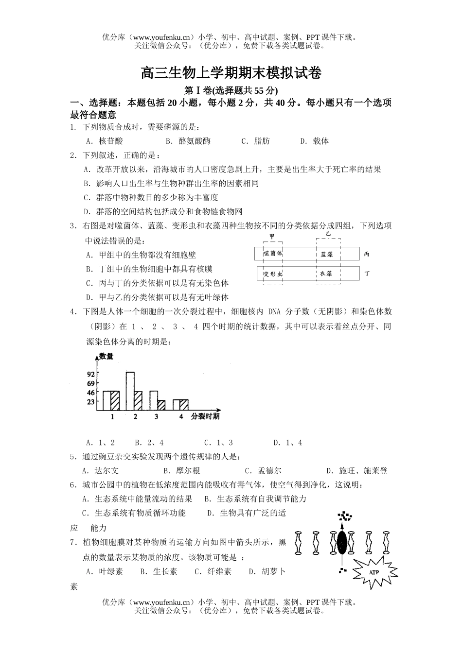 高中三年级生物上学期期末模拟试卷_第1页