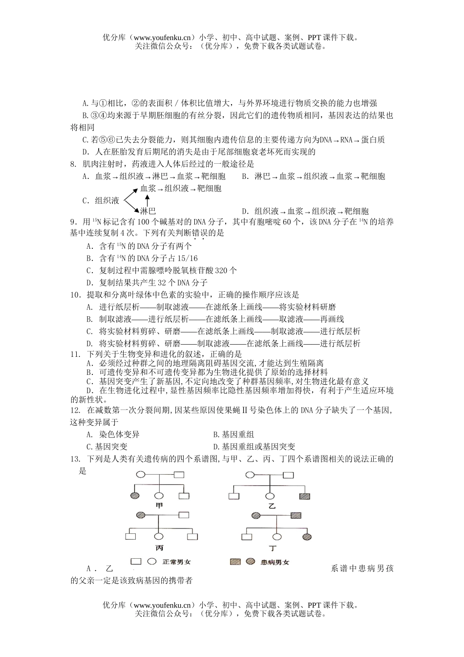 高中三年级生物毕业班调研测1试卷_第2页