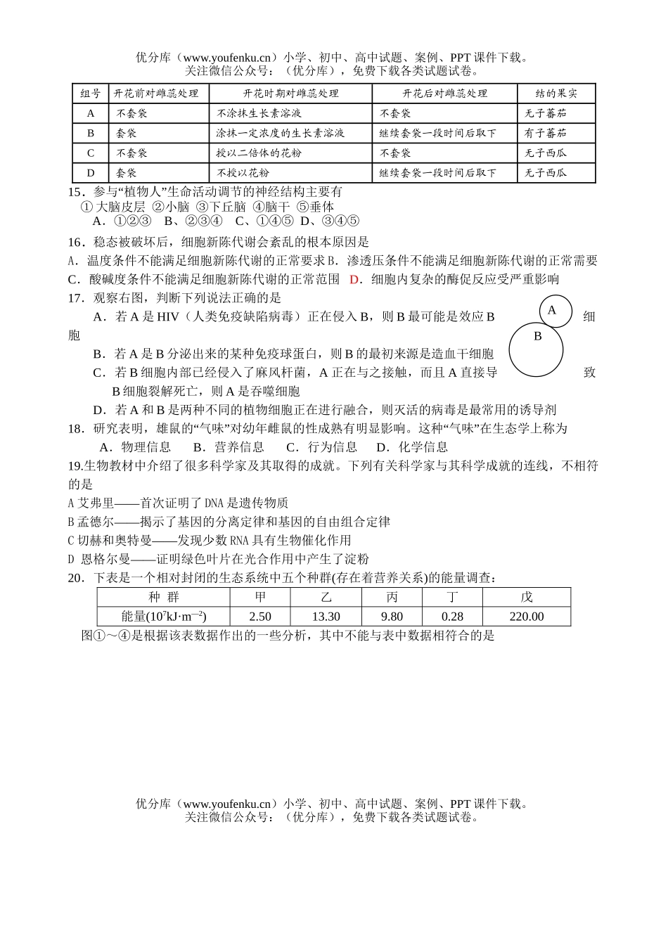 高中三年级生物级科第一学期期末考试卷_第3页