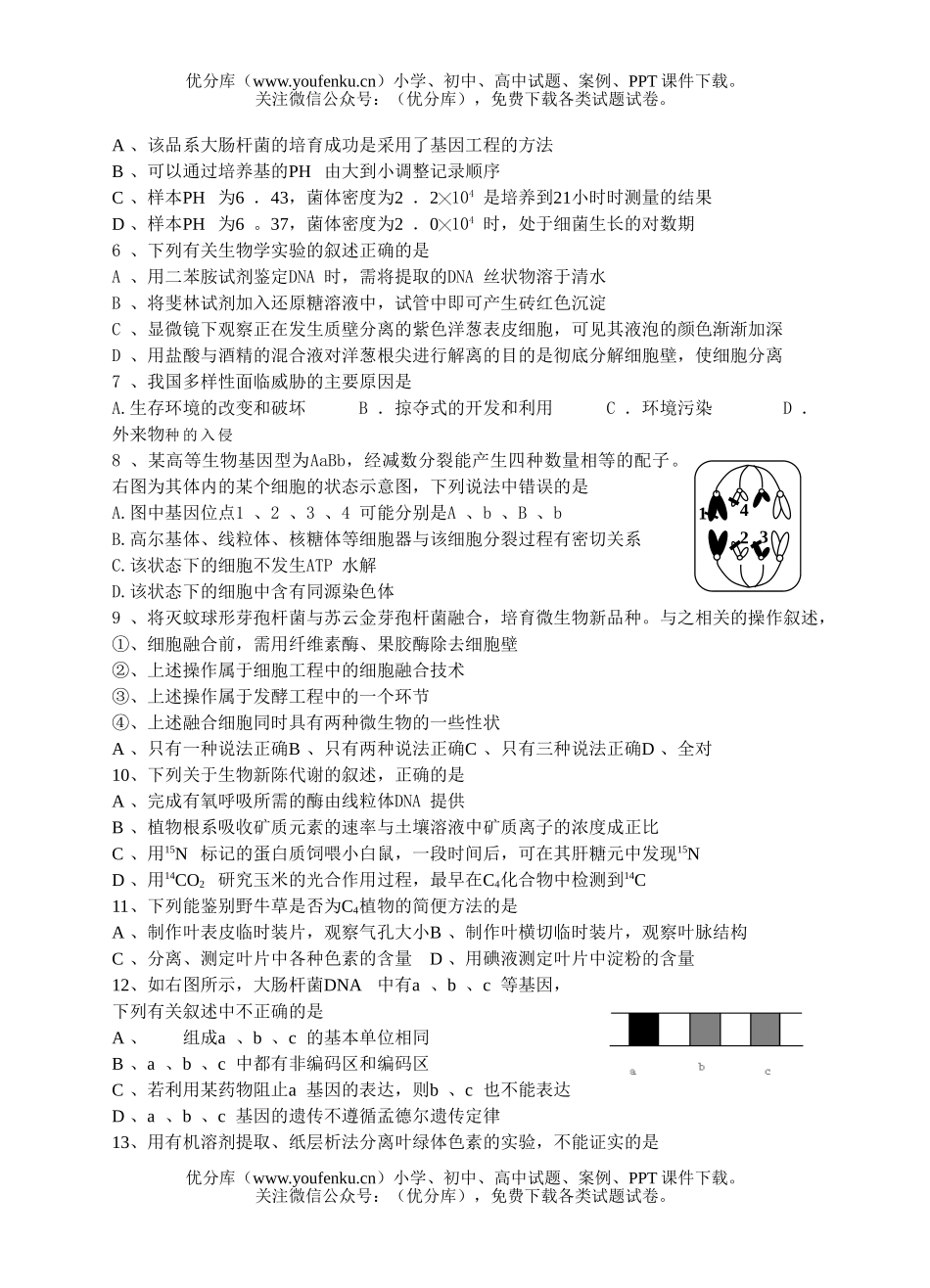高中三年级生物高考模拟测试卷_第1页