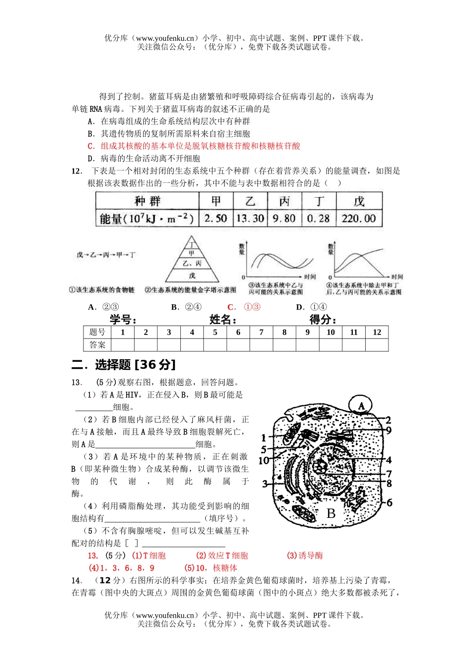 高中三年级生物08届第四阶段练习2试卷_第3页